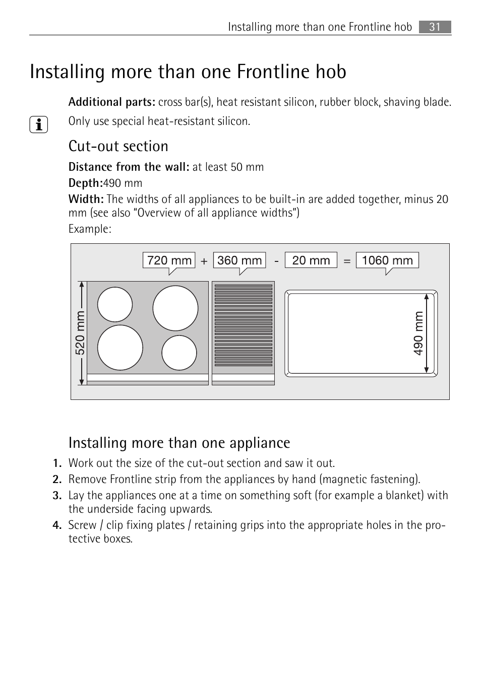 Installing more than one frontline hob, Installing more than one appliance | Electrolux FM 7803 K-AN User Manual | Page 31 / 40