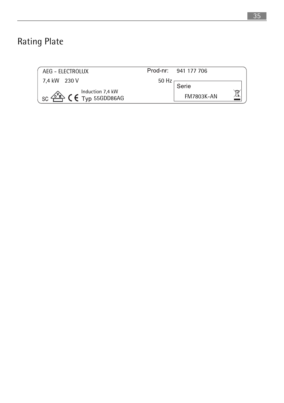 Rating plate | Electrolux FM 7803 K-AN User Manual | Page 35 / 40