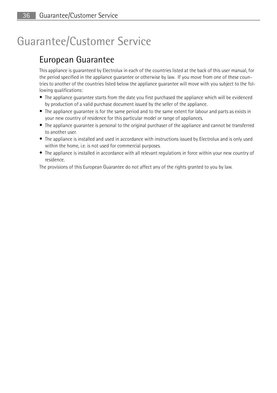 Guarantee/customer service, European guarantee | Electrolux FM 7803 K-AN User Manual | Page 36 / 40
