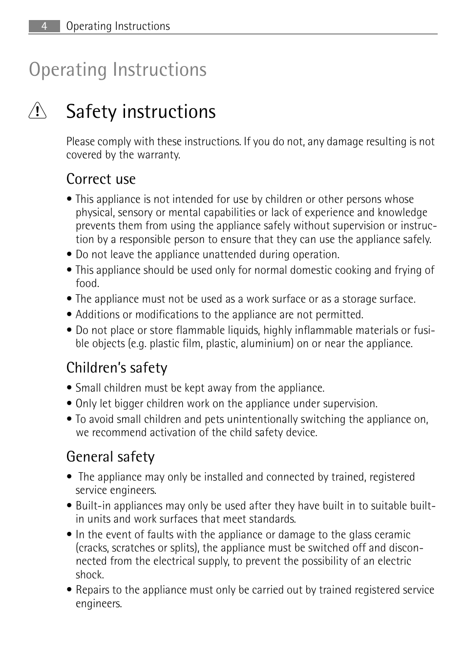 Operating instructions 1 safety instructions, Correct use, Children’s safety | General safety | Electrolux FM 7803 K-AN User Manual | Page 4 / 40