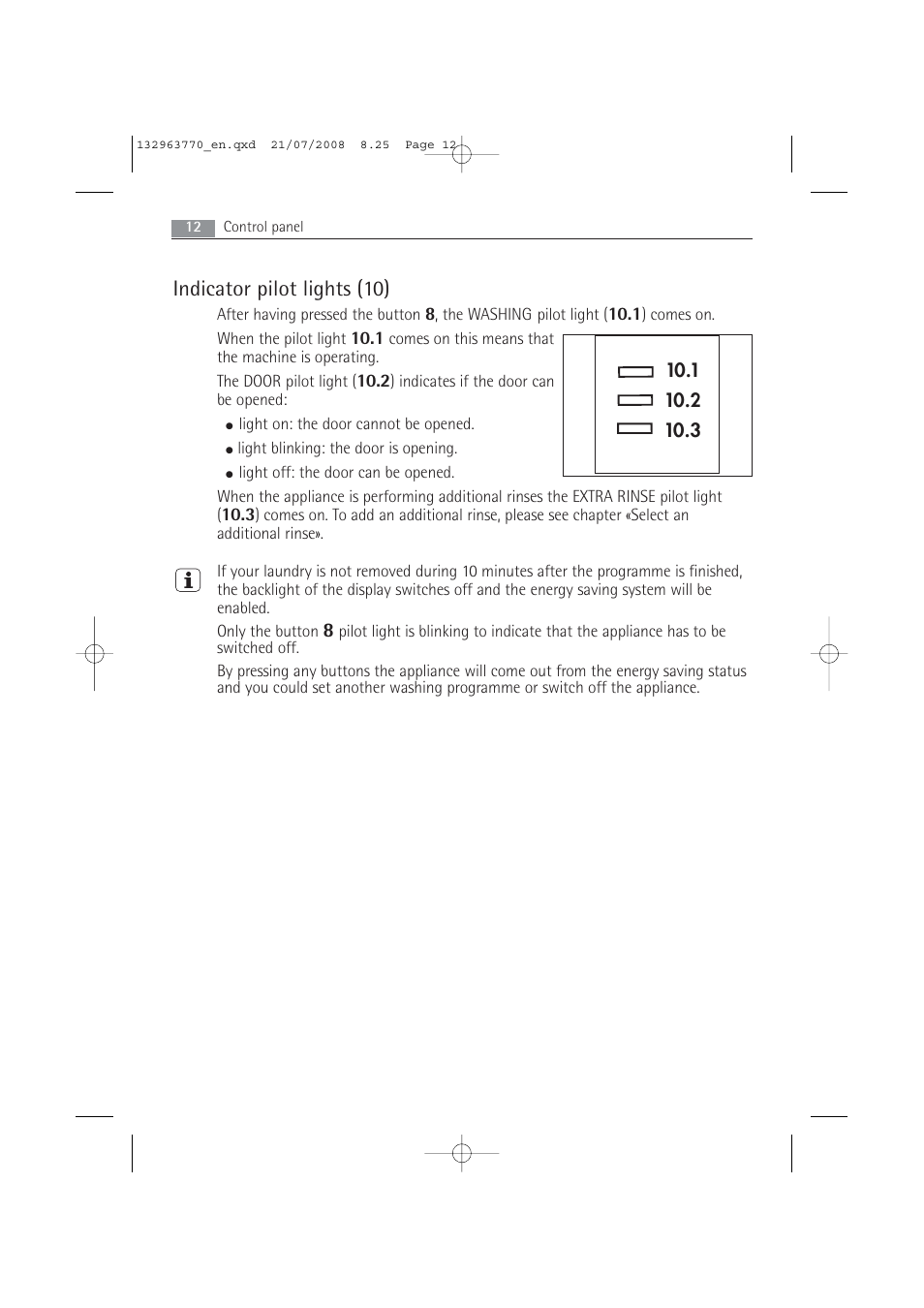 Indicator pilot lights (10) | Electrolux 63742 VI User Manual | Page 12 / 48