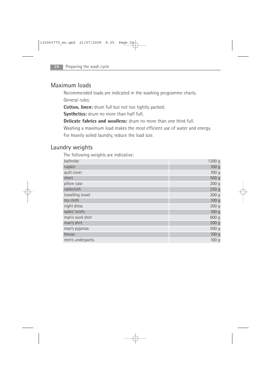 Maximum loads, Laundry weights | Electrolux 63742 VI User Manual | Page 24 / 48