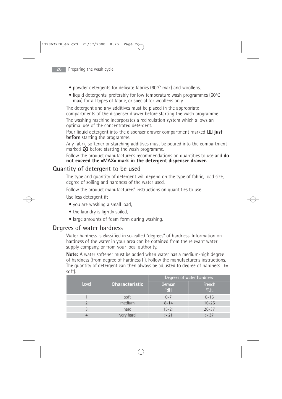 Quantity of detergent to be used, Degrees of water hardness | Electrolux 63742 VI User Manual | Page 26 / 48