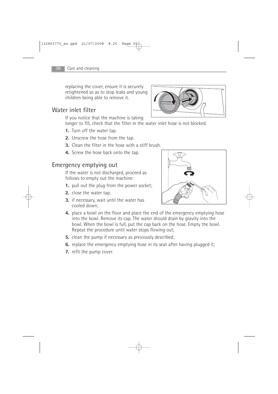 Water inlet filter, Emergency emptying out | Electrolux 63742 VI User Manual | Page 30 / 48