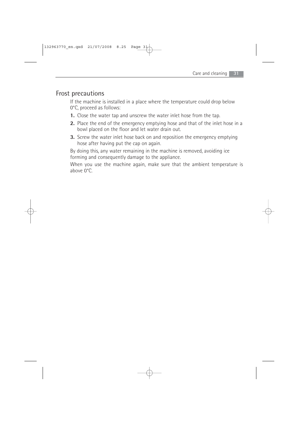 Frost precautions | Electrolux 63742 VI User Manual | Page 31 / 48