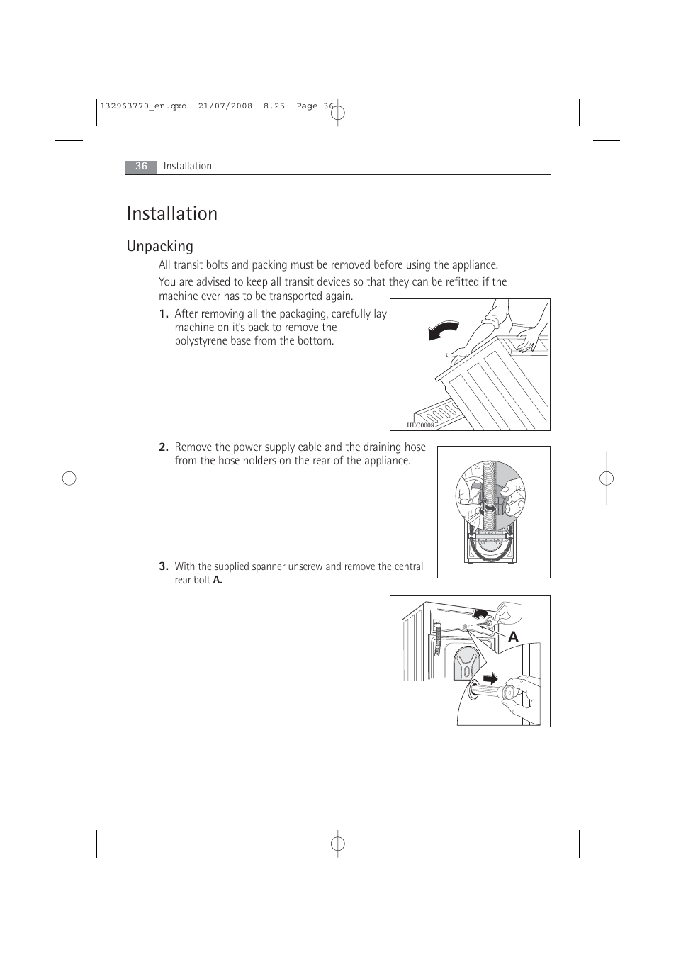 Installation, Unpacking | Electrolux 63742 VI User Manual | Page 36 / 48