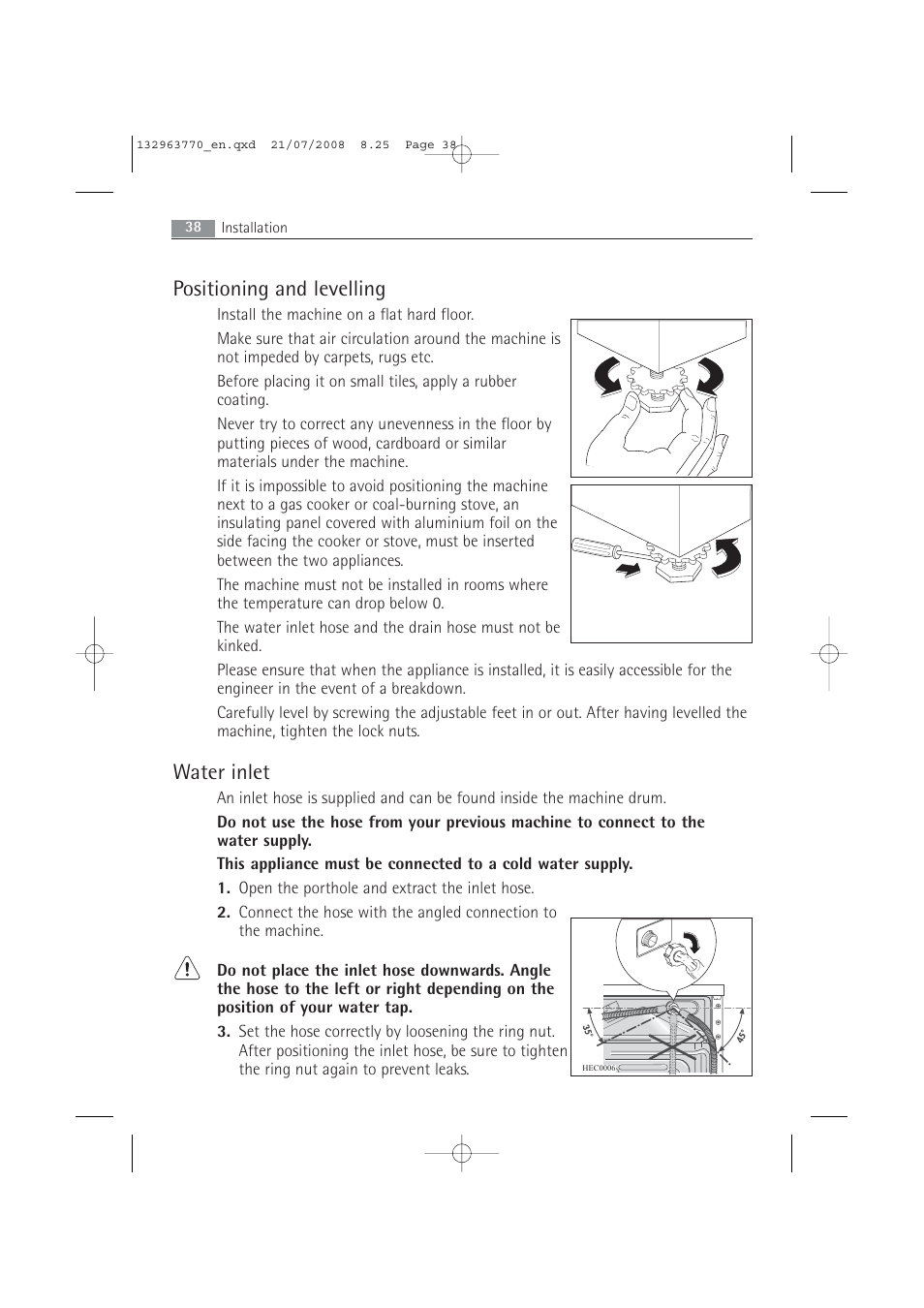 Positioning and levelling, Water inlet | Electrolux 63742 VI User Manual | Page 38 / 48