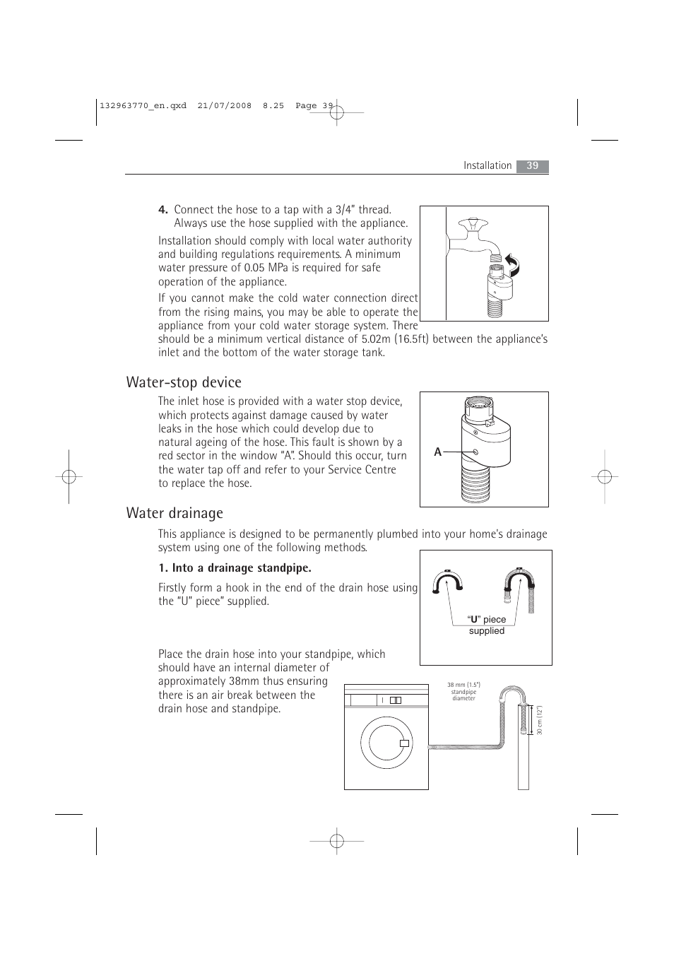 Water-stop device, Water drainage | Electrolux 63742 VI User Manual | Page 39 / 48