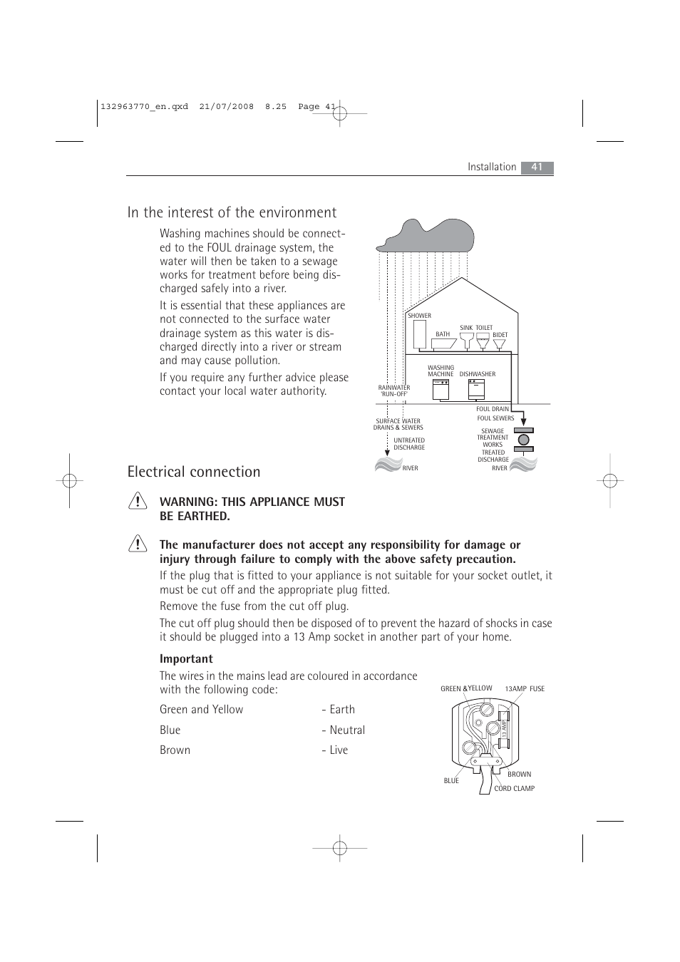 Electrical connection, 41 installation | Electrolux 63742 VI User Manual | Page 41 / 48