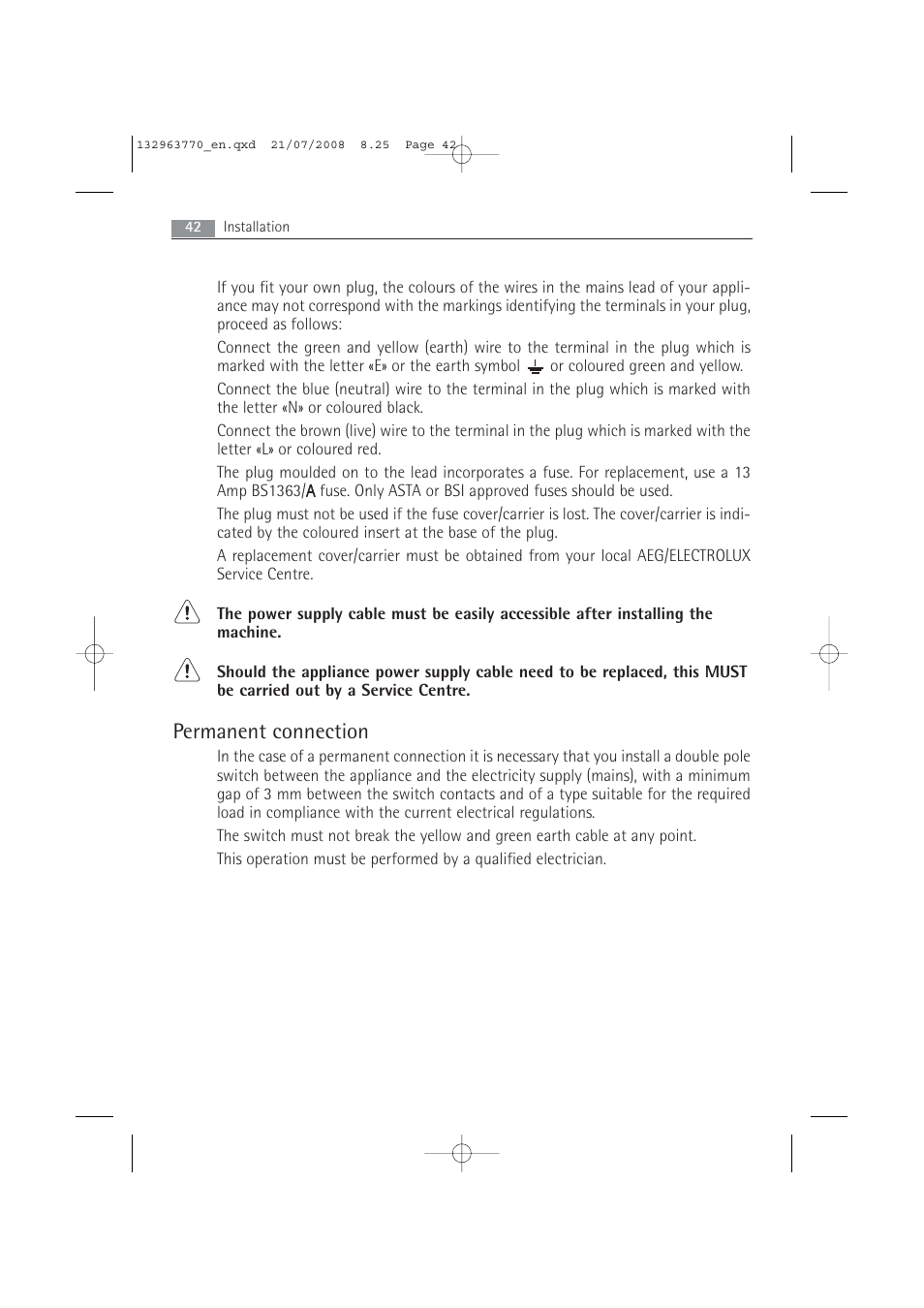 Permanent connection | Electrolux 63742 VI User Manual | Page 42 / 48