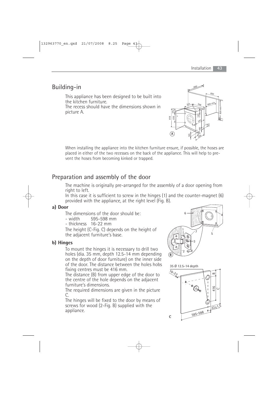 Building-in, Preparation and assembly of the door, 43 installation | Electrolux 63742 VI User Manual | Page 43 / 48