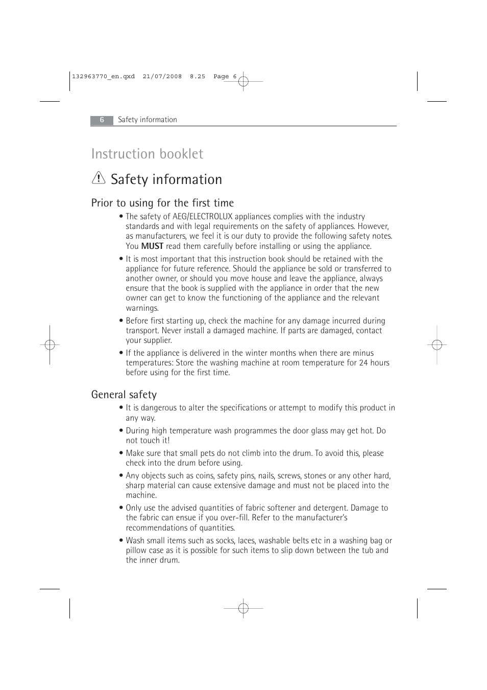 Instruction booklet safety information, Prior to using for the first time, General safety | Electrolux 63742 VI User Manual | Page 6 / 48