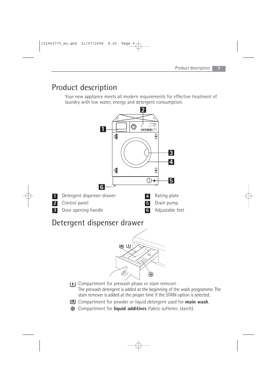 Product description, Detergent dispenser drawer | Electrolux 63742 VI User Manual | Page 9 / 48