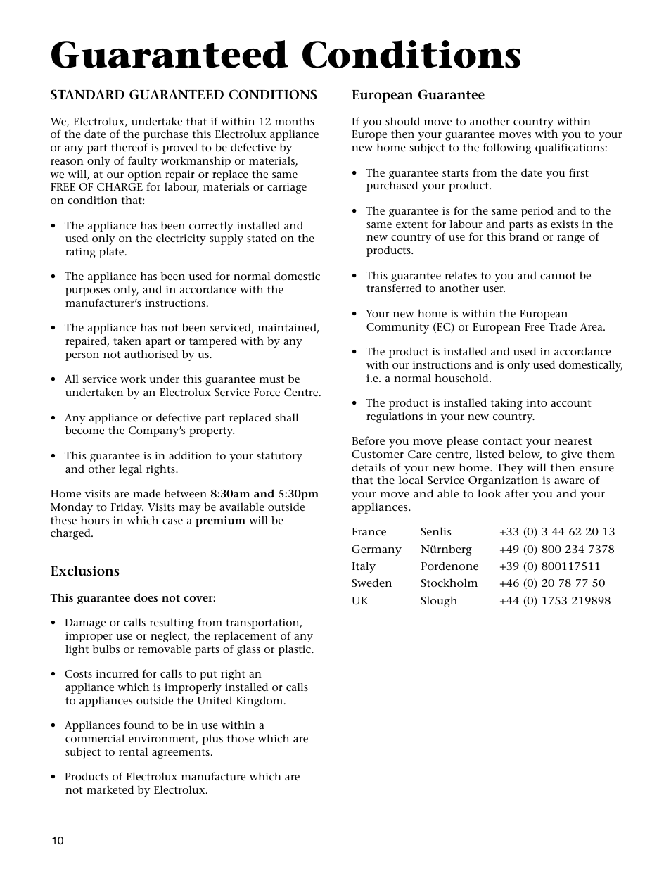 Guaranteed conditions | Electrolux WDU4100 User Manual | Page 11 / 12