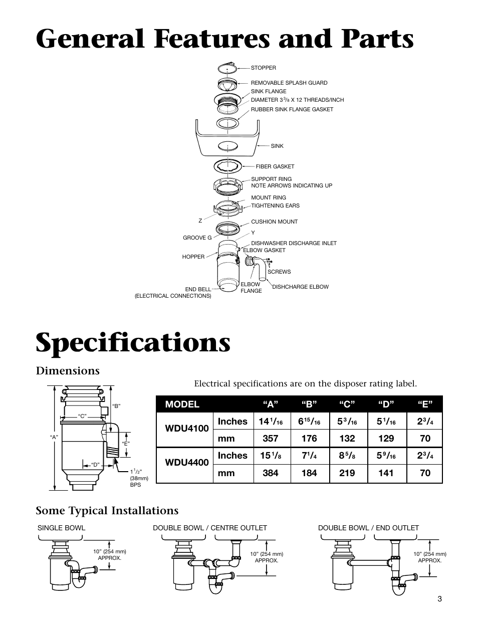 General features and parts specifications, Dimensions some typical installations | Electrolux WDU4100 User Manual | Page 4 / 12