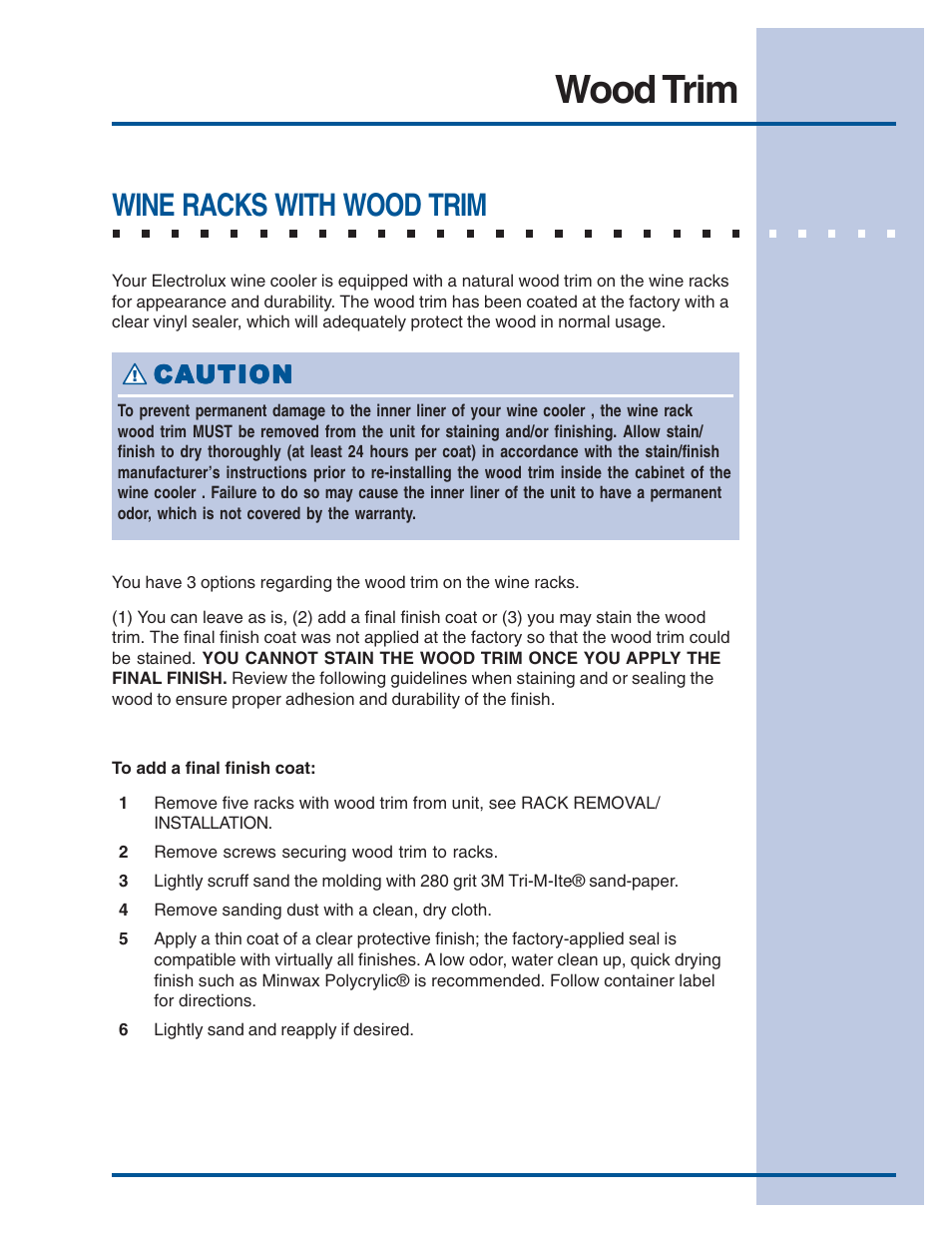 Wood trim, Wine racks with wood trim, Ca caution ution ution ution ution | Electrolux Wine Cooler User Manual | Page 3 / 7