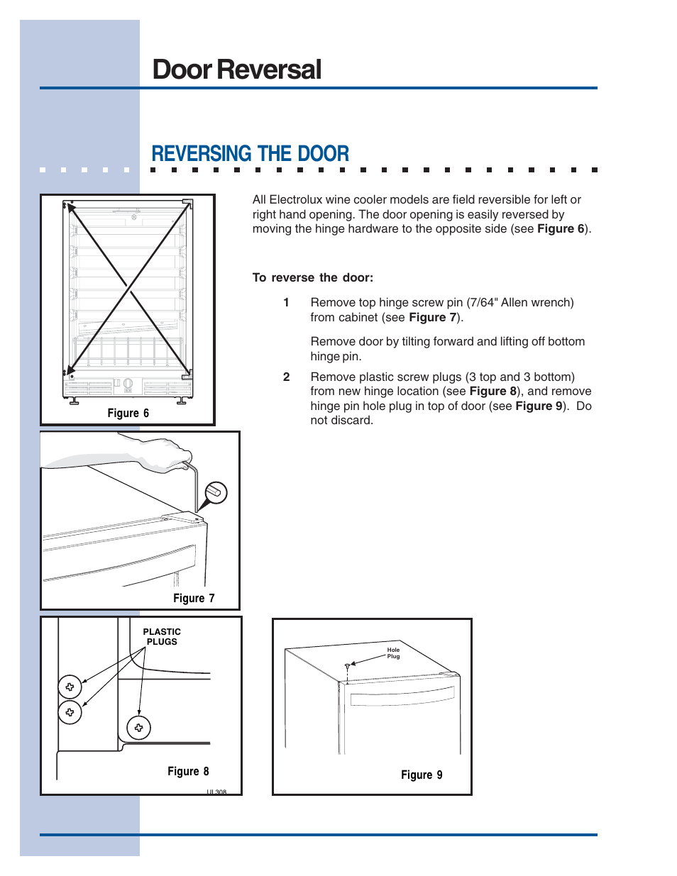 Door reversal, Reversing the door | Electrolux Wine Cooler User Manual | Page 6 / 7