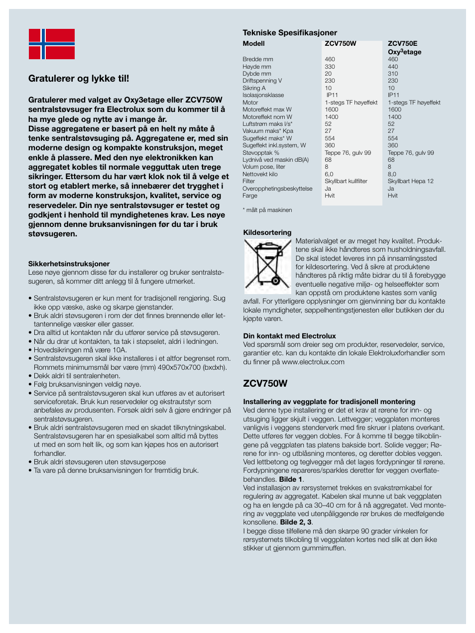 Gratulerer og lykke til, Zcv750w | Electrolux ZCV750W User Manual | Page 13 / 40