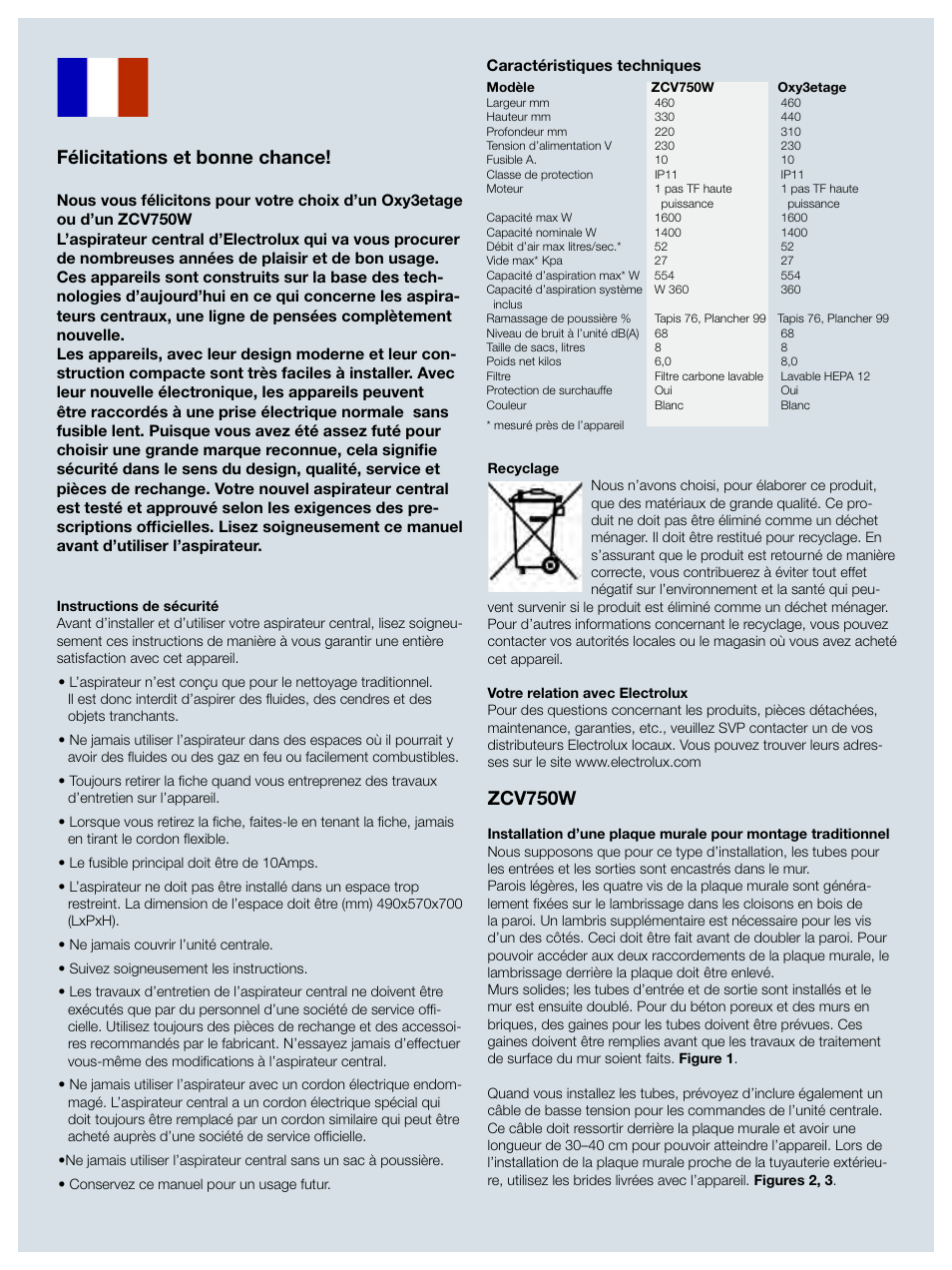 Félicitations et bonne chance, Zcv750w | Electrolux ZCV750W User Manual | Page 24 / 40