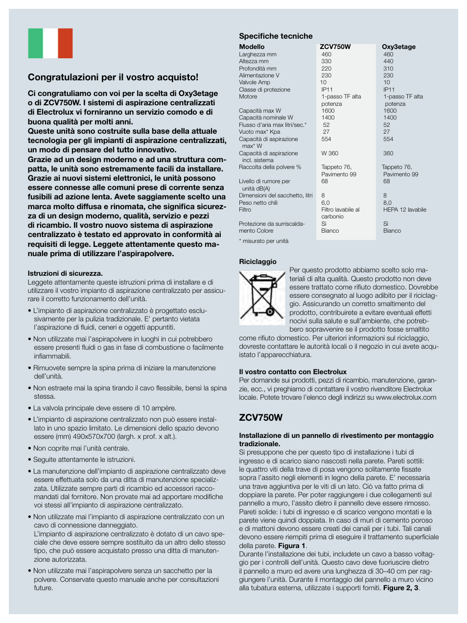 Congratulazioni per il vostro acquisto, Zcv750w | Electrolux ZCV750W User Manual | Page 27 / 40