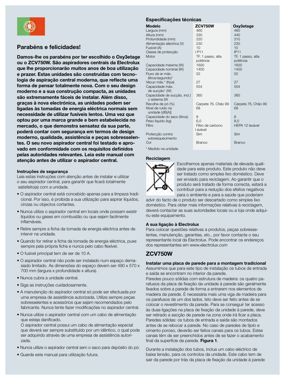 Parabéns e felicidades, Zcv750w | Electrolux ZCV750W User Manual | Page 34 / 40