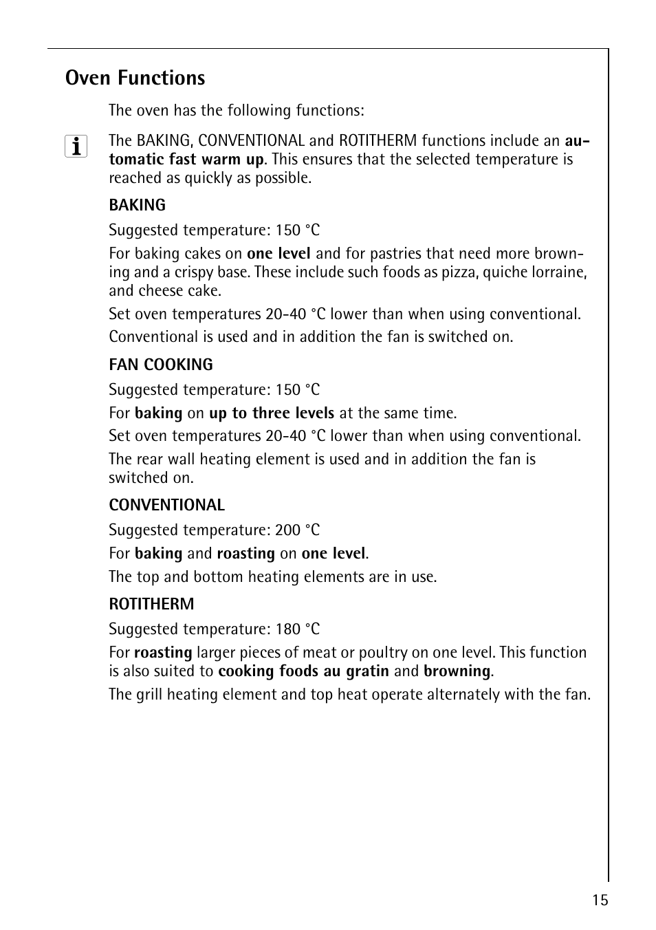 Oven functions | Electrolux COMPETENCE B8100-1 User Manual | Page 15 / 72
