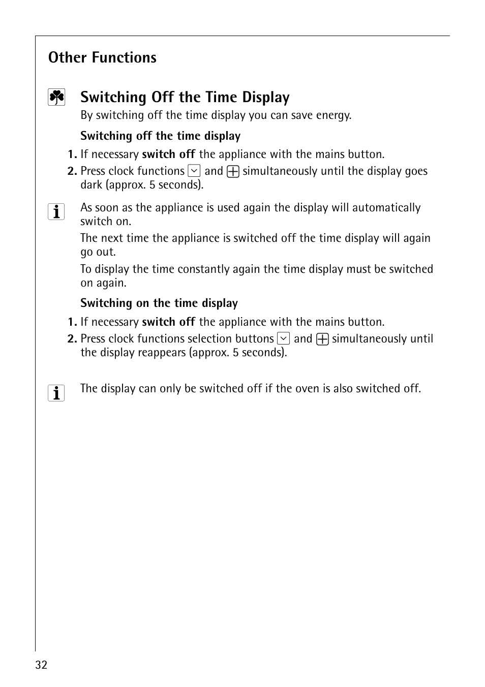 Other functions, Switching off the time display | Electrolux COMPETENCE B8100-1 User Manual | Page 32 / 72