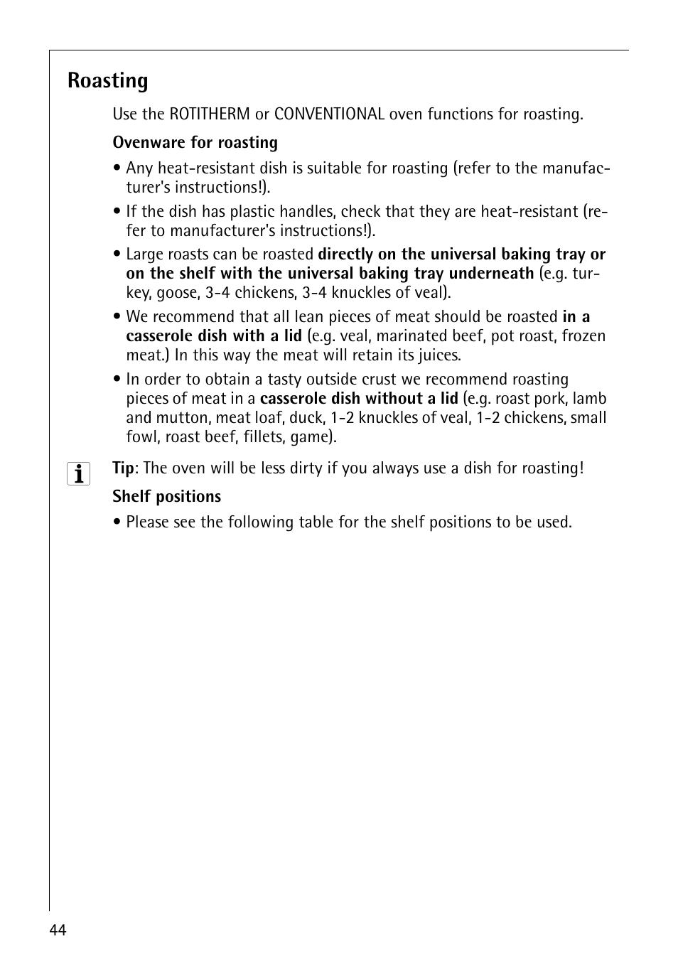 Roasting | Electrolux COMPETENCE B8100-1 User Manual | Page 44 / 72