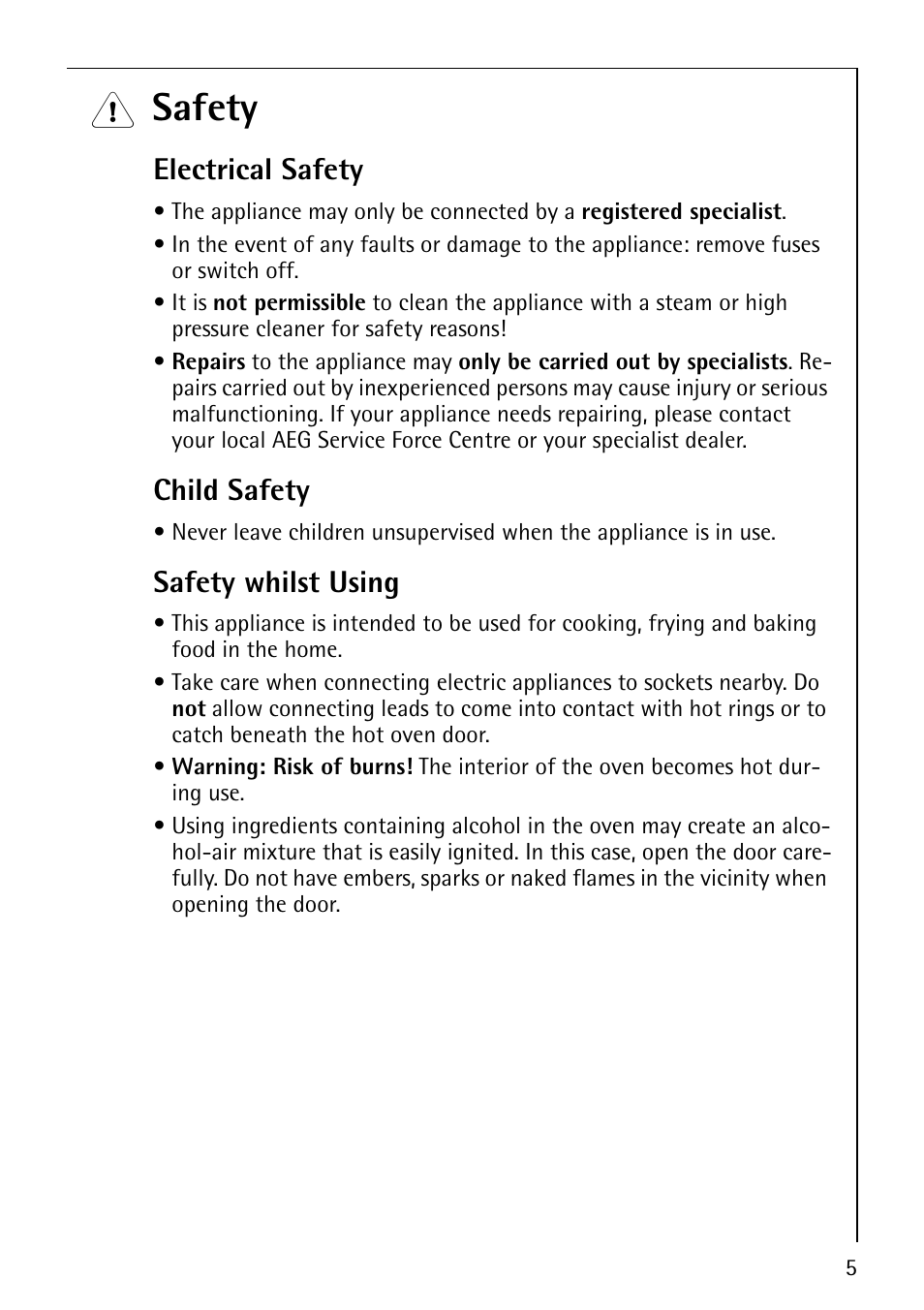 Safety, Electrical safety, Child safety | Safety whilst using | Electrolux COMPETENCE B8100-1 User Manual | Page 5 / 72