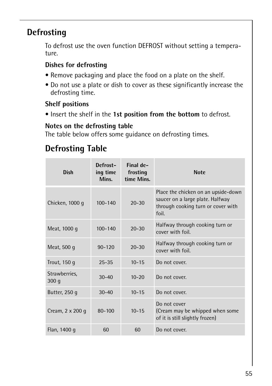 Defrosting, Defrosting table | Electrolux COMPETENCE B8100-1 User Manual | Page 55 / 72