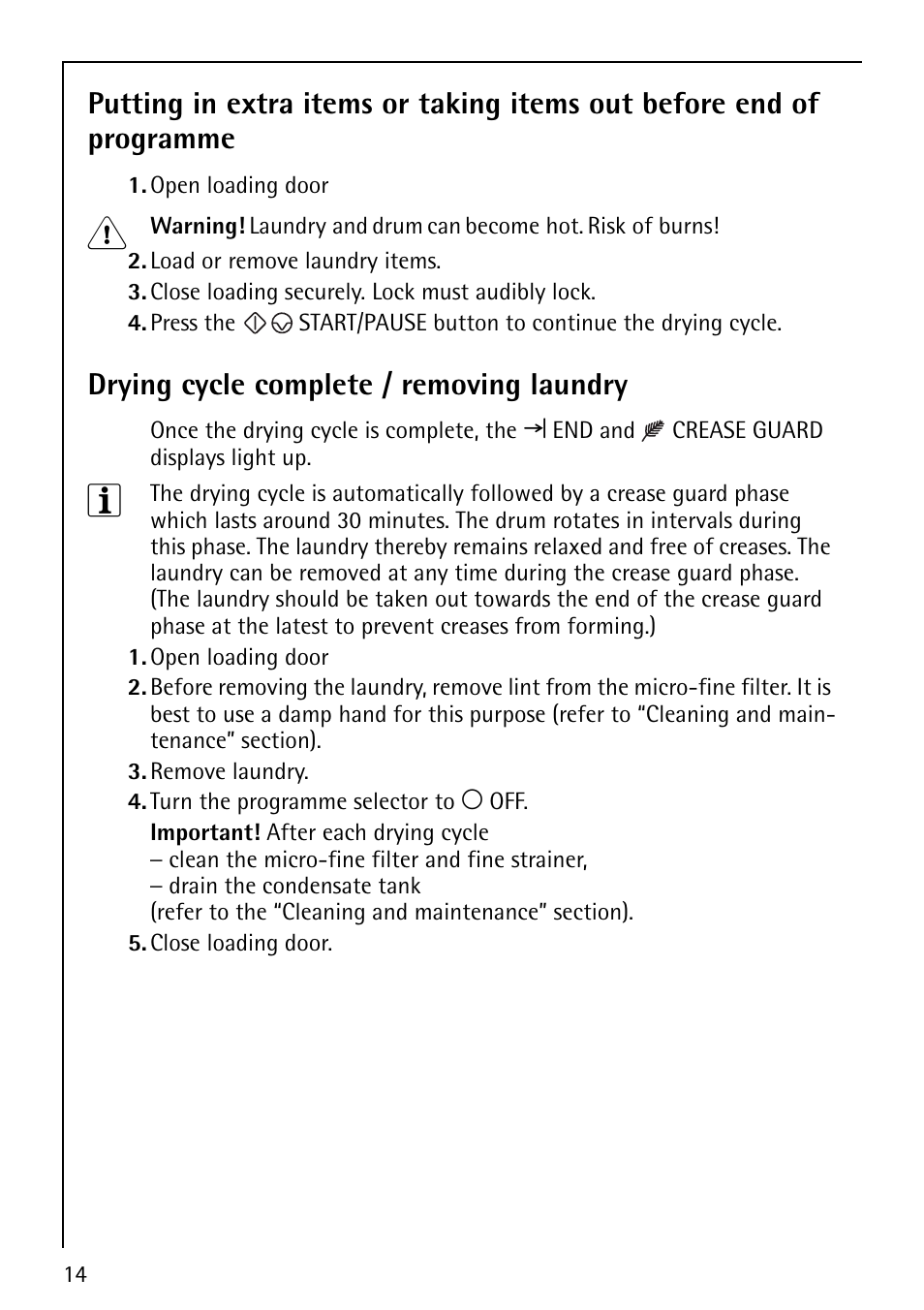 Drying cycle complete / removing laundry | Electrolux 5540 User Manual | Page 14 / 32