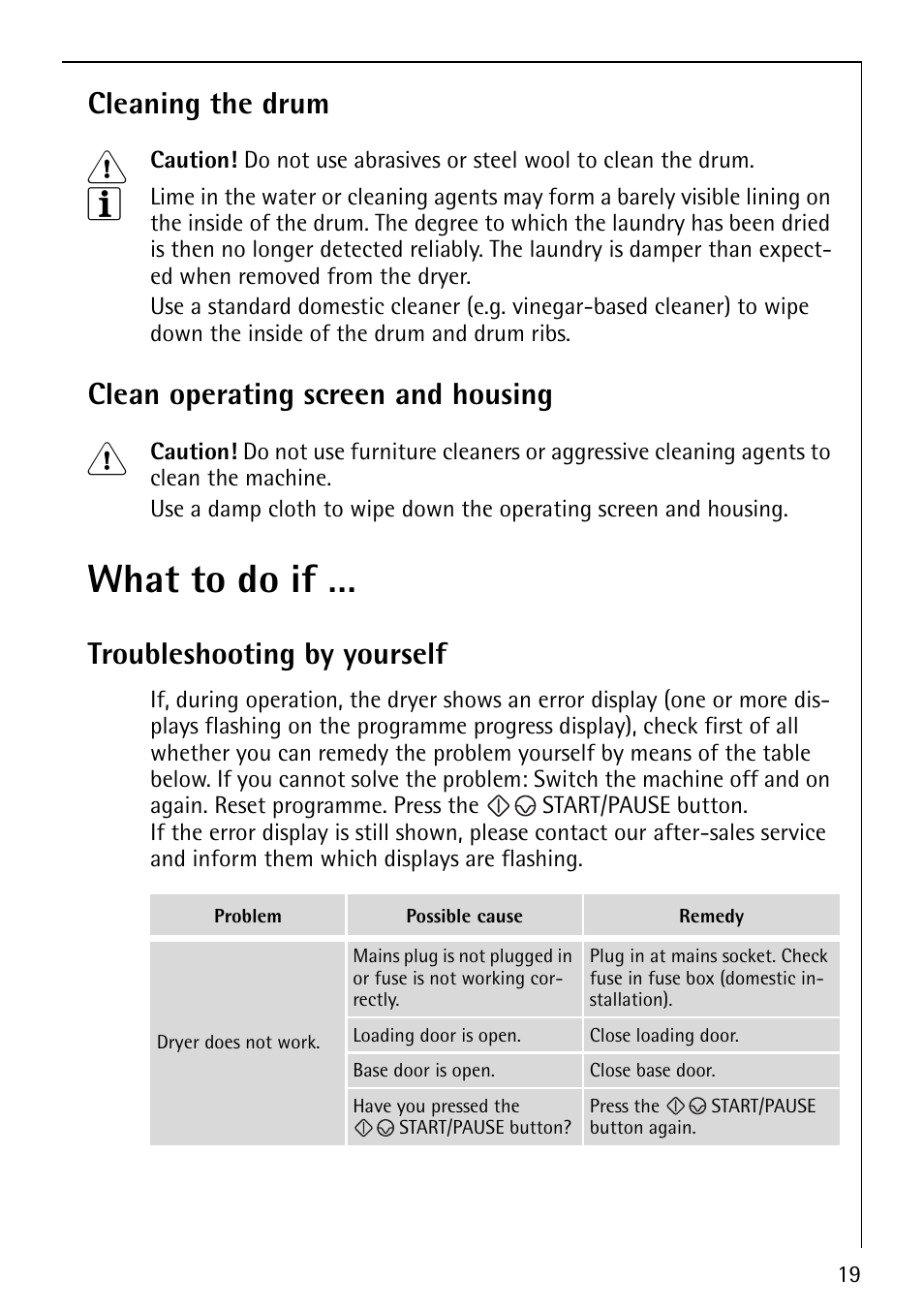 What to do if, Cleaning the drum, Clean operating screen and housing | Troubleshooting by yourself | Electrolux 5540 User Manual | Page 19 / 32