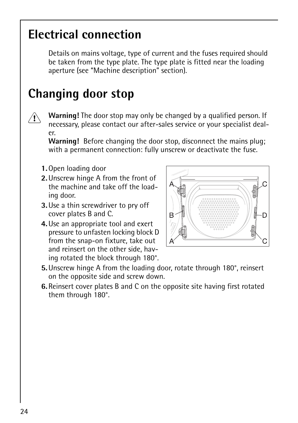 Electrical connection, Changing door stop 1 | Electrolux 5540 User Manual | Page 24 / 32