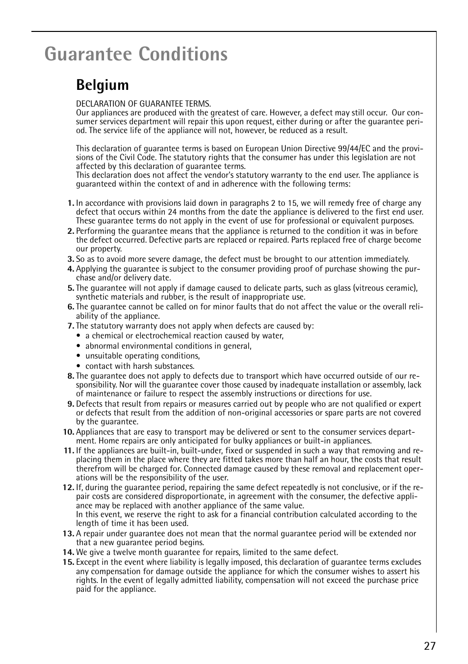 Guarantee conditions, Belgium | Electrolux 5540 User Manual | Page 27 / 32