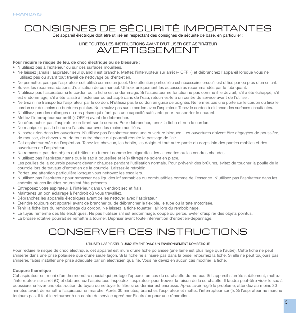 Consignes de sécurité importantes, Avertissement, Conserver ces instructions | Electrolux CANISTER User Manual | Page 3 / 16