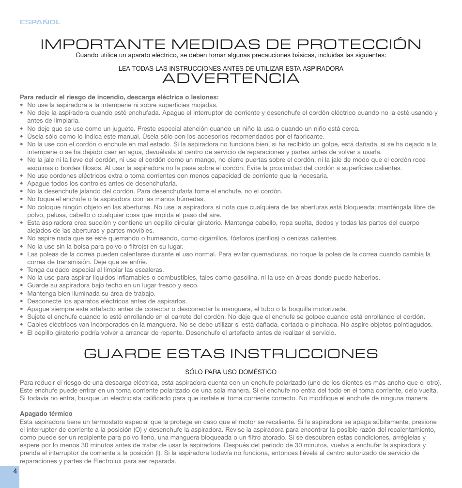 Importante medidas de protección, Advertencia, Guarde estas instrucciones | Electrolux CANISTER User Manual | Page 4 / 16