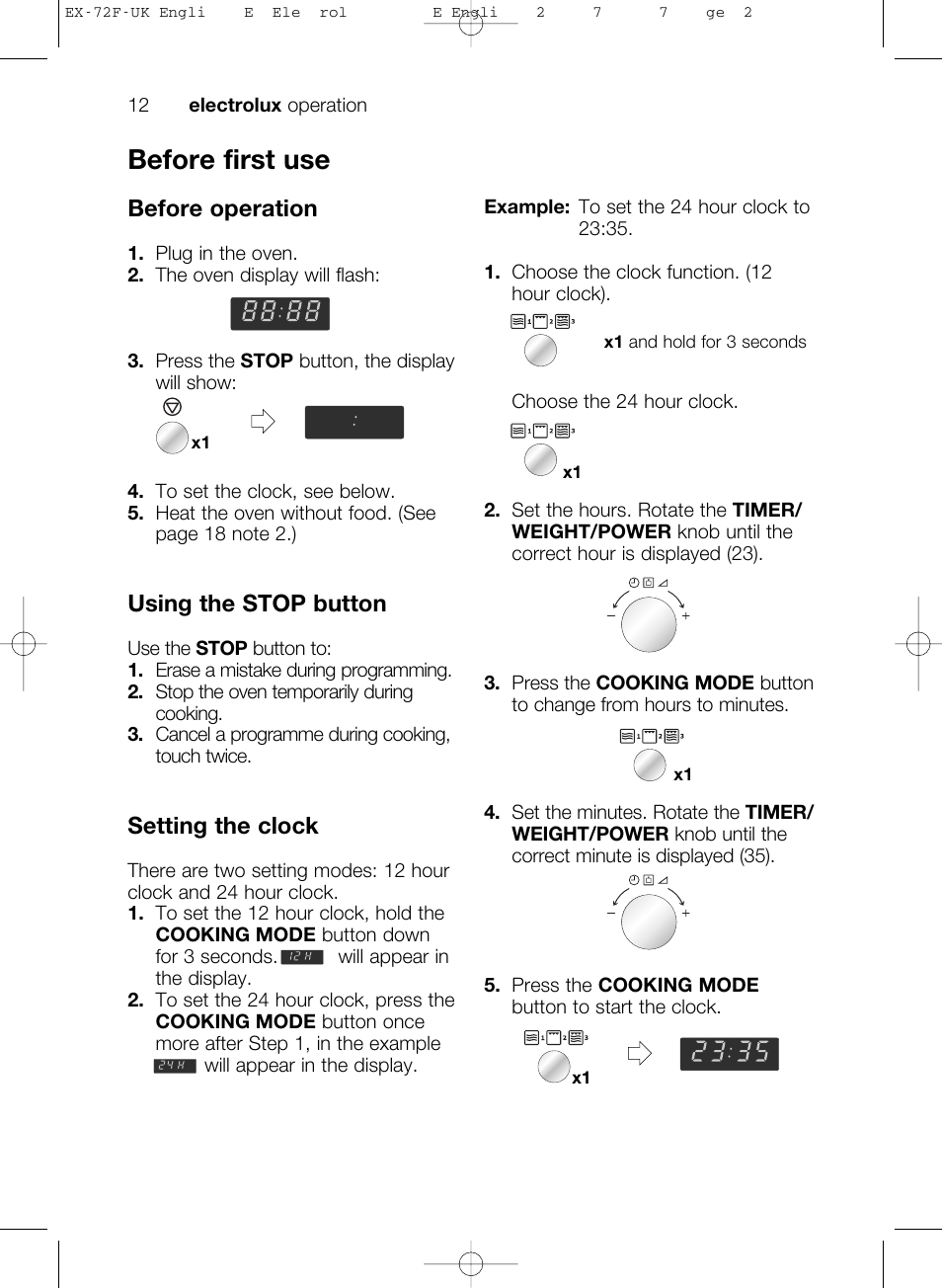 Before first use, Before operation, Using the stop button | Setting the clock | Electrolux EMS26405 User Manual | Page 12 / 52