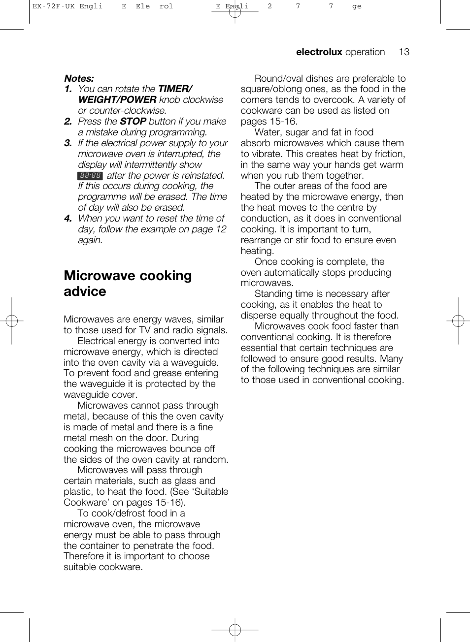 Microwave cooking advice | Electrolux EMS26405 User Manual | Page 13 / 52