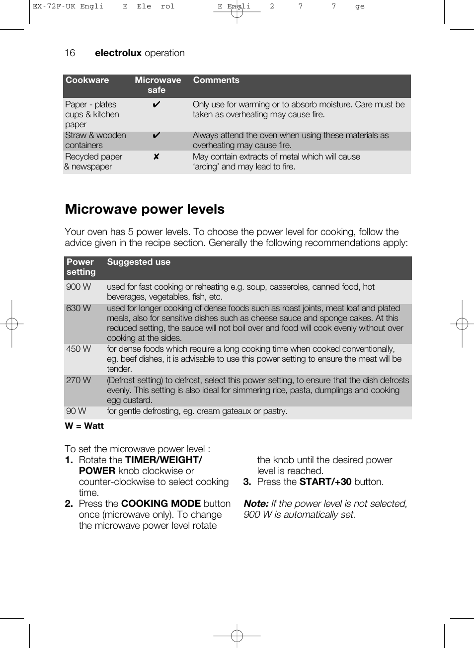 Microwave power levels | Electrolux EMS26405 User Manual | Page 16 / 52