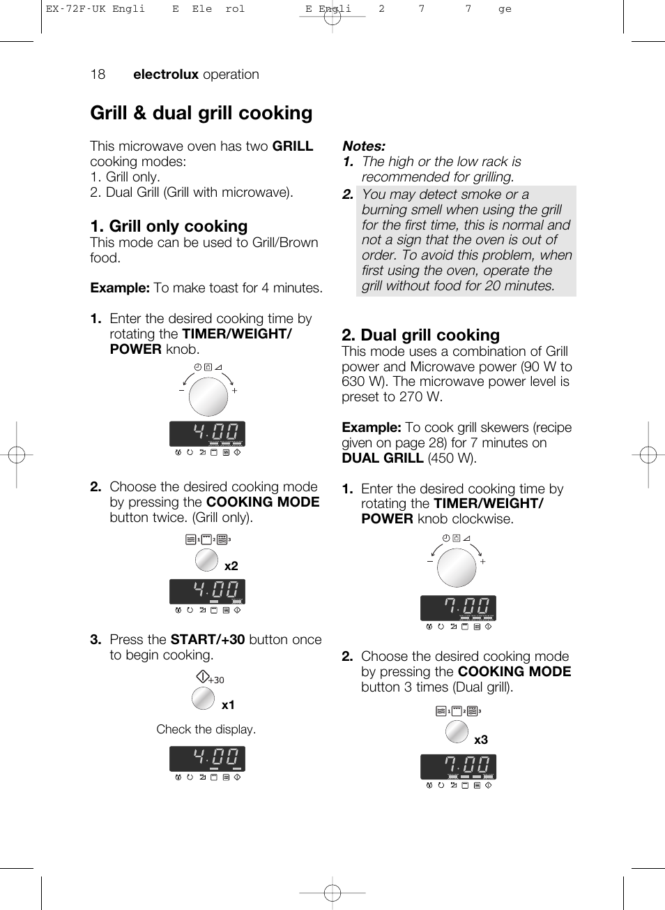 Grill & dual grill cooking, Grill only cooking, Dual grill cooking | Electrolux EMS26405 User Manual | Page 18 / 52