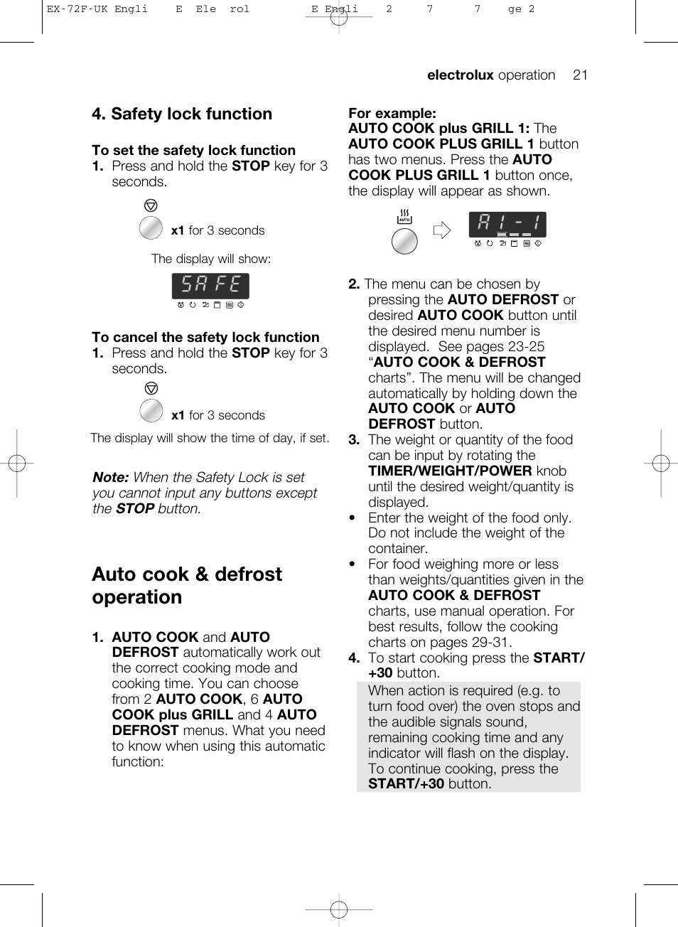 Auto cook & defrost operation, Safety lock function | Electrolux EMS26405 User Manual | Page 21 / 52