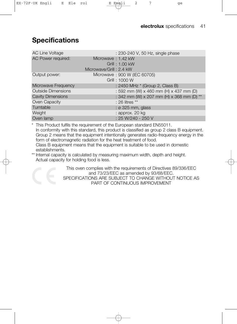 Specifications | Electrolux EMS26405 User Manual | Page 41 / 52