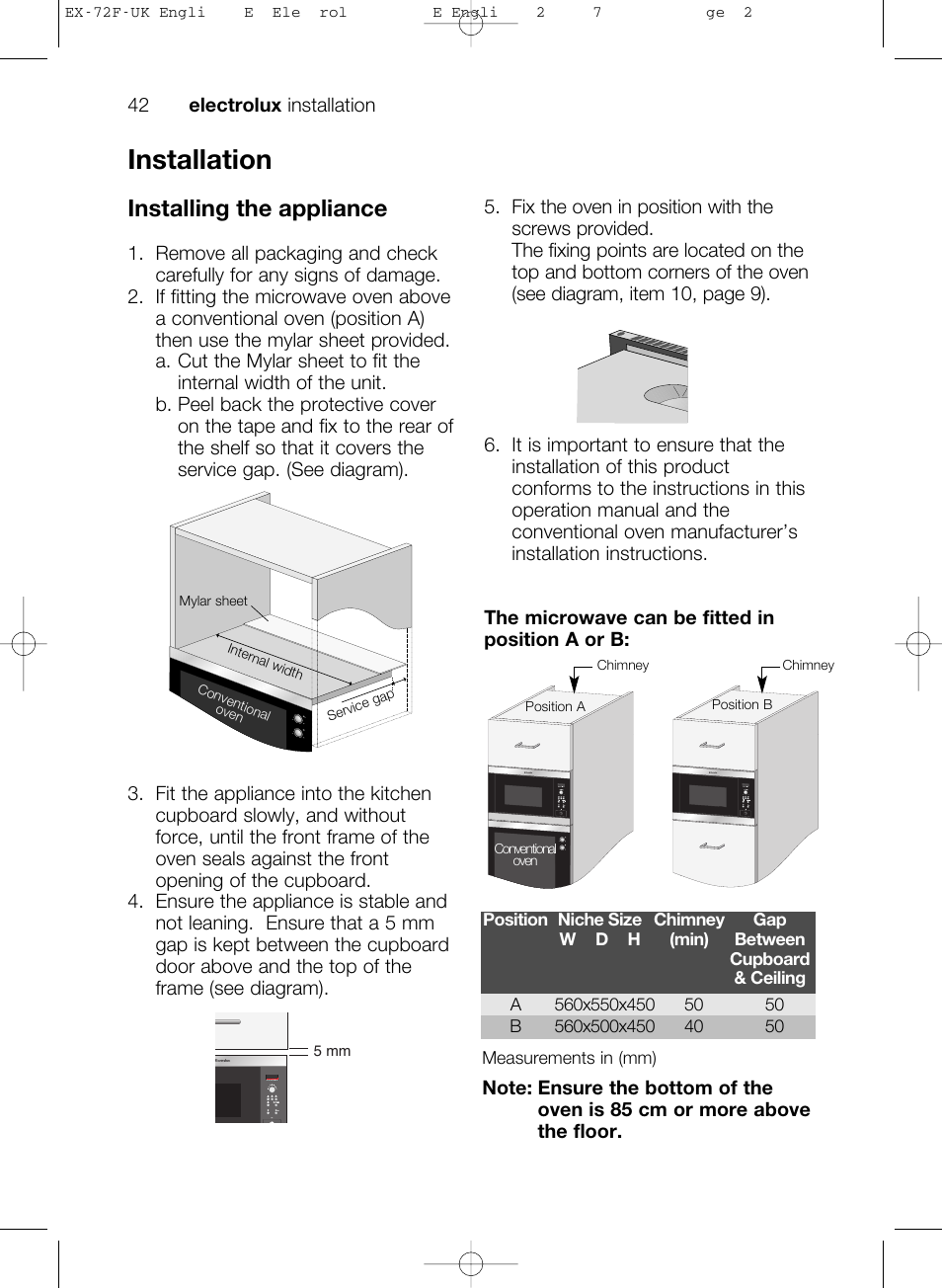 Installation, Installing the appliance | Electrolux EMS26405 User Manual | Page 42 / 52