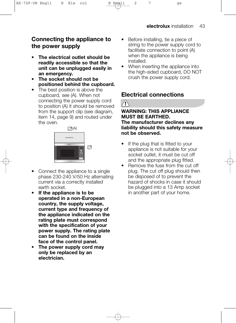 Connecting the appliance to the power supply, Electrical connections | Electrolux EMS26405 User Manual | Page 43 / 52