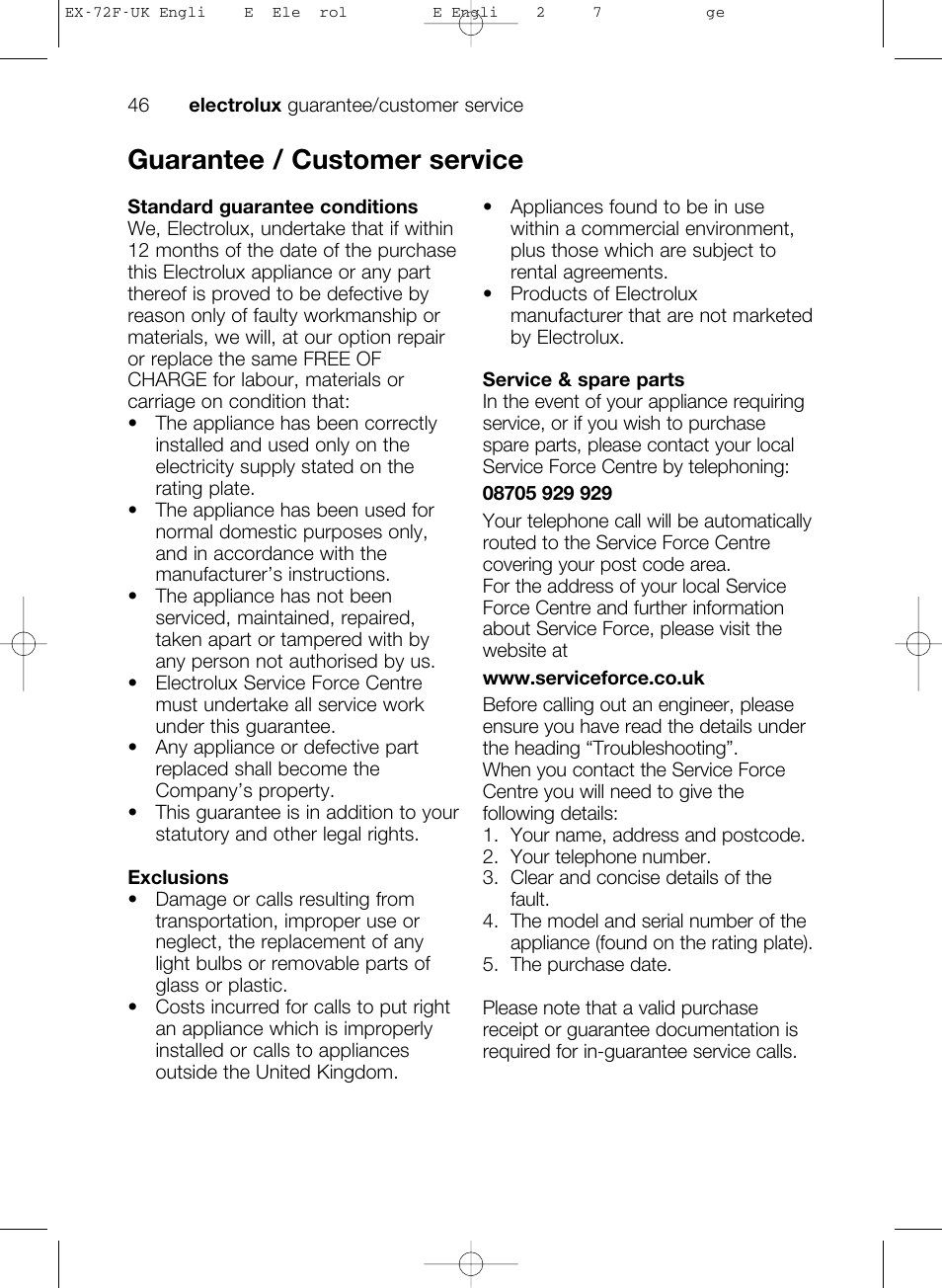 Guarantee / customer service | Electrolux EMS26405 User Manual | Page 46 / 52