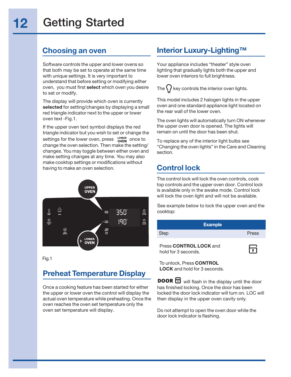 Getting started, Control lock interior luxury-lighting, Choosing an oven | Preheat temperature display | Electrolux 316520001 User Manual | Page 12 / 64