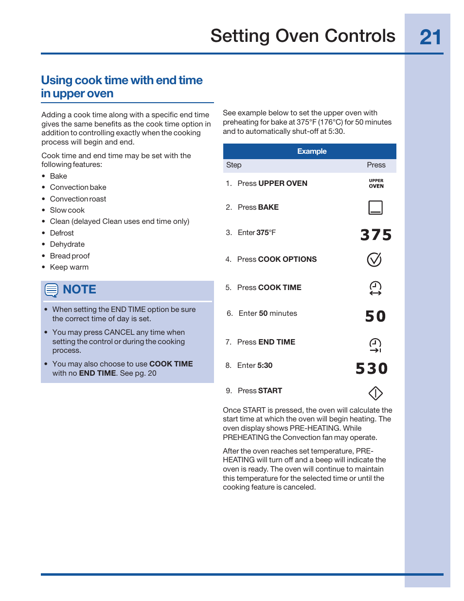 Setting oven controls, Using cook time with end time in upper oven | Electrolux 316520001 User Manual | Page 21 / 64