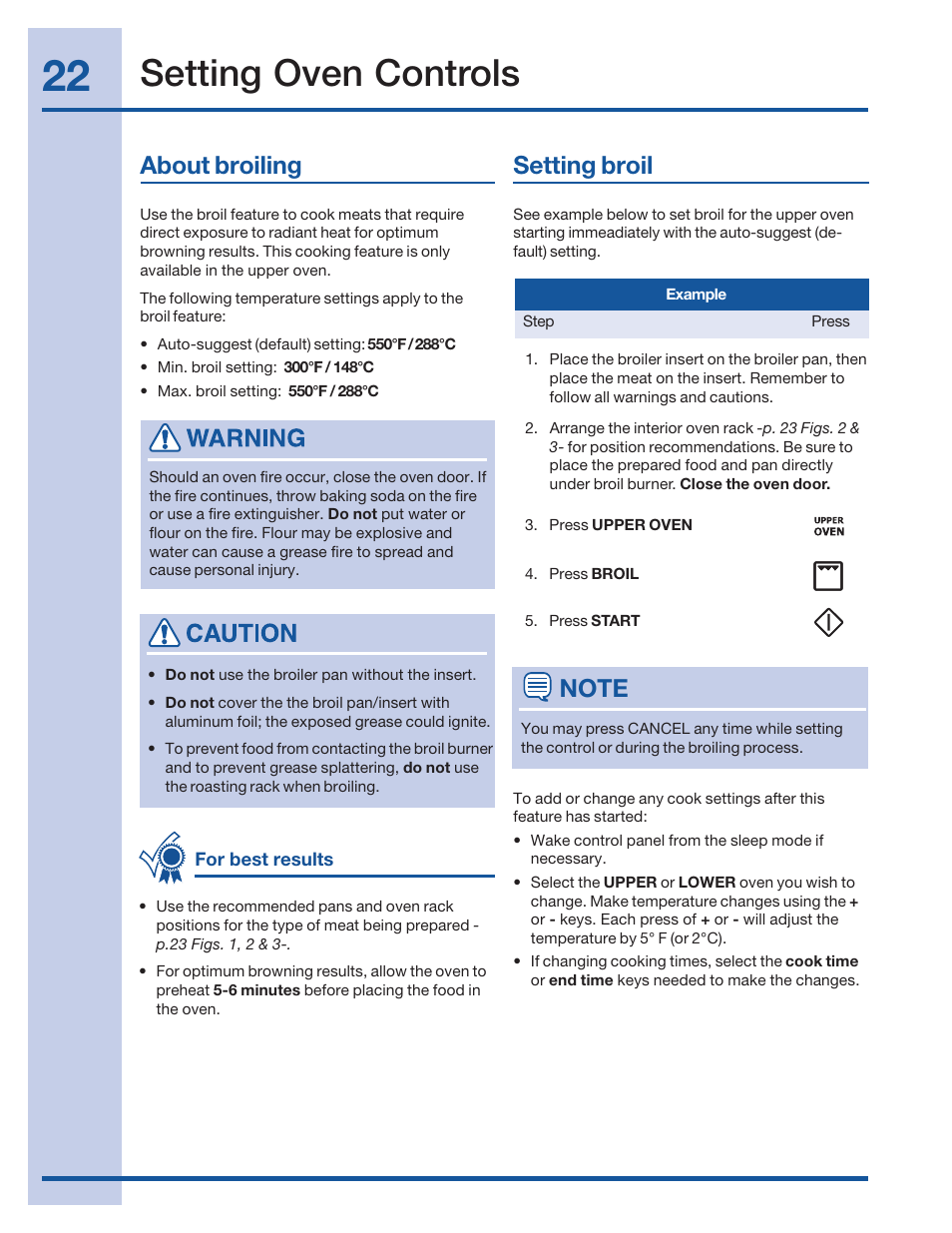 Setting oven controls, About broiling, Setting broil | Electrolux 316520001 User Manual | Page 22 / 64