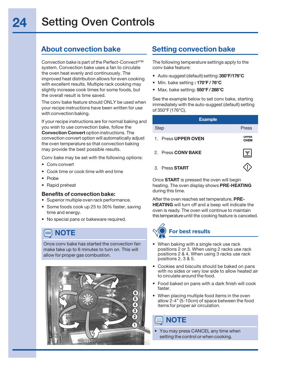 Setting oven controls, About convection bake setting convection bake | Electrolux 316520001 User Manual | Page 24 / 64