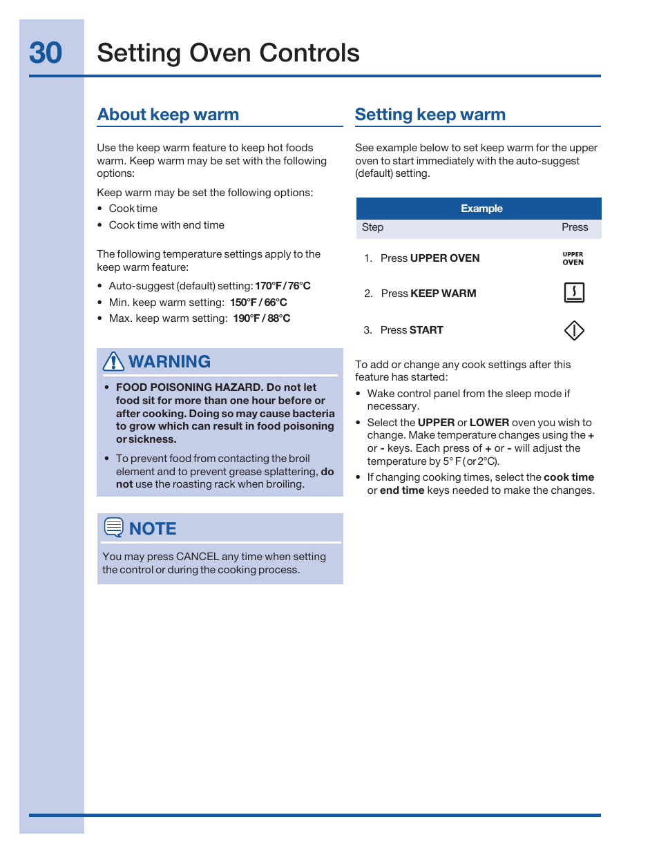 Setting oven controls, About keep warm setting keep warm | Electrolux 316520001 User Manual | Page 30 / 64